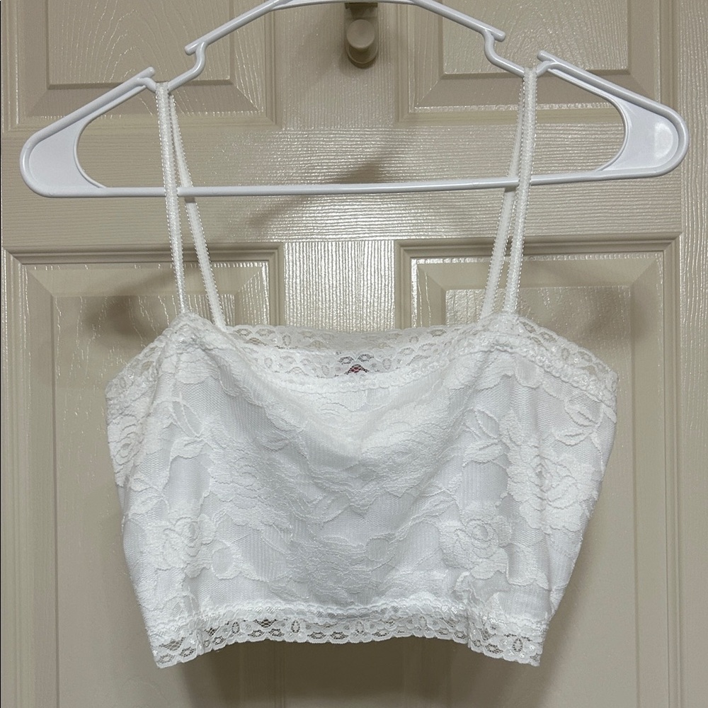 Pure Style Lace Crop Top White Semi-Sheer Gorgeous Rose Floral Lace Overlay M